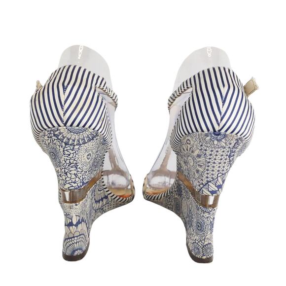 Y2K Lela Rose Women's 8.5 Navy Striped Boho Fabric Strappy Wedge Heels Sandals - Picture 6 of 8